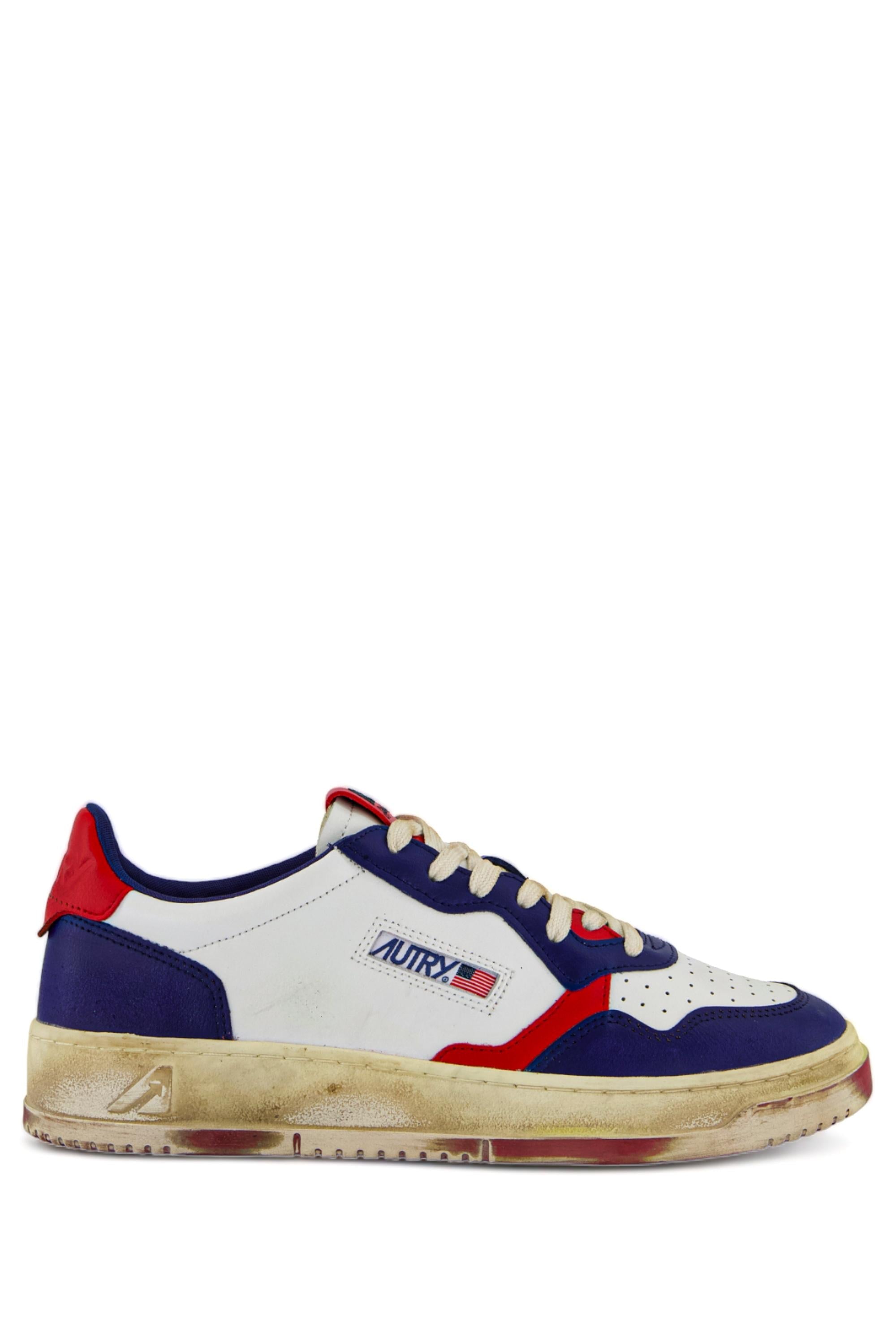 Sneaker super vintage en cuir rouge et bleu