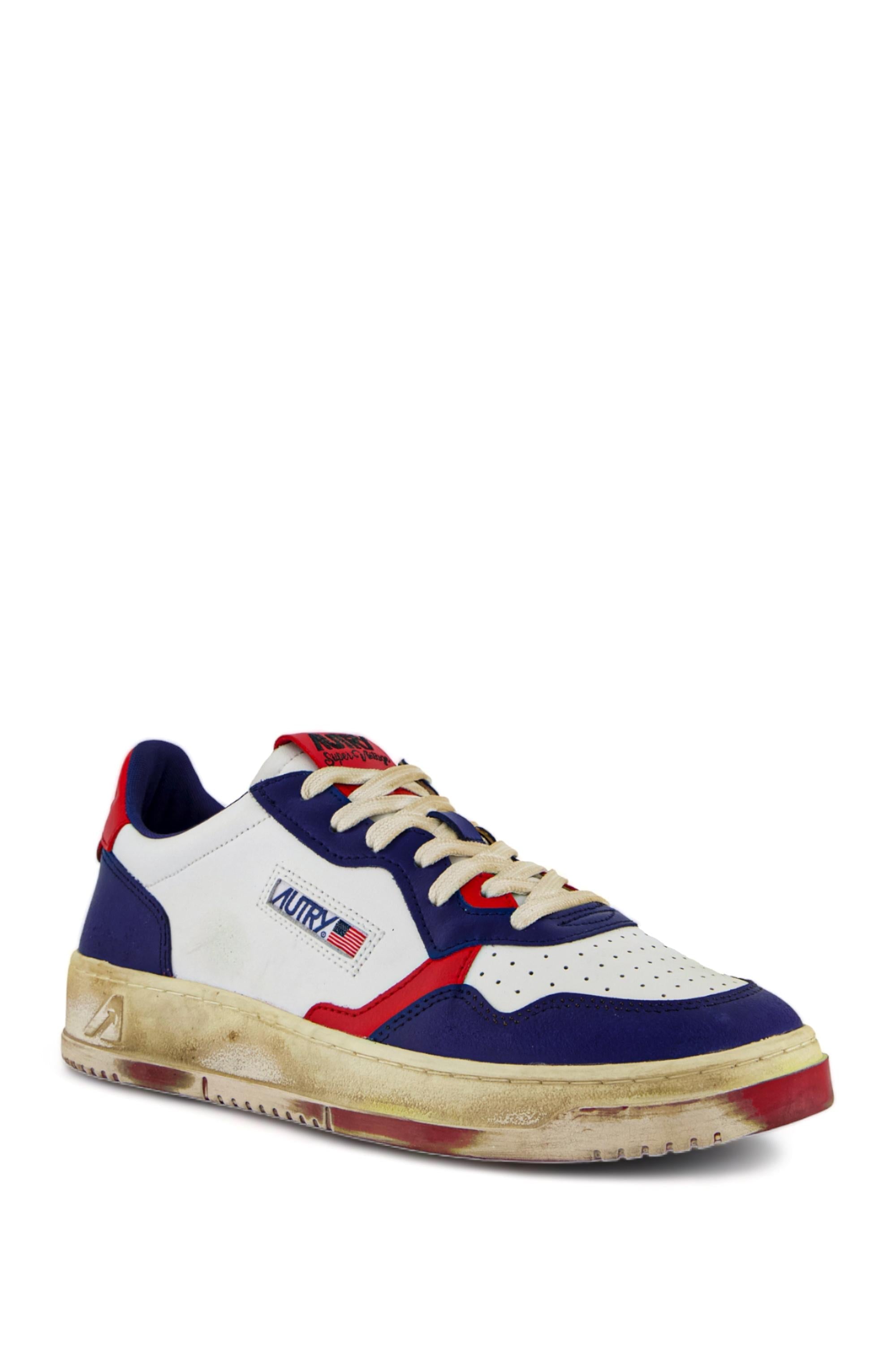 Sneaker super vintage en cuir rouge et bleu