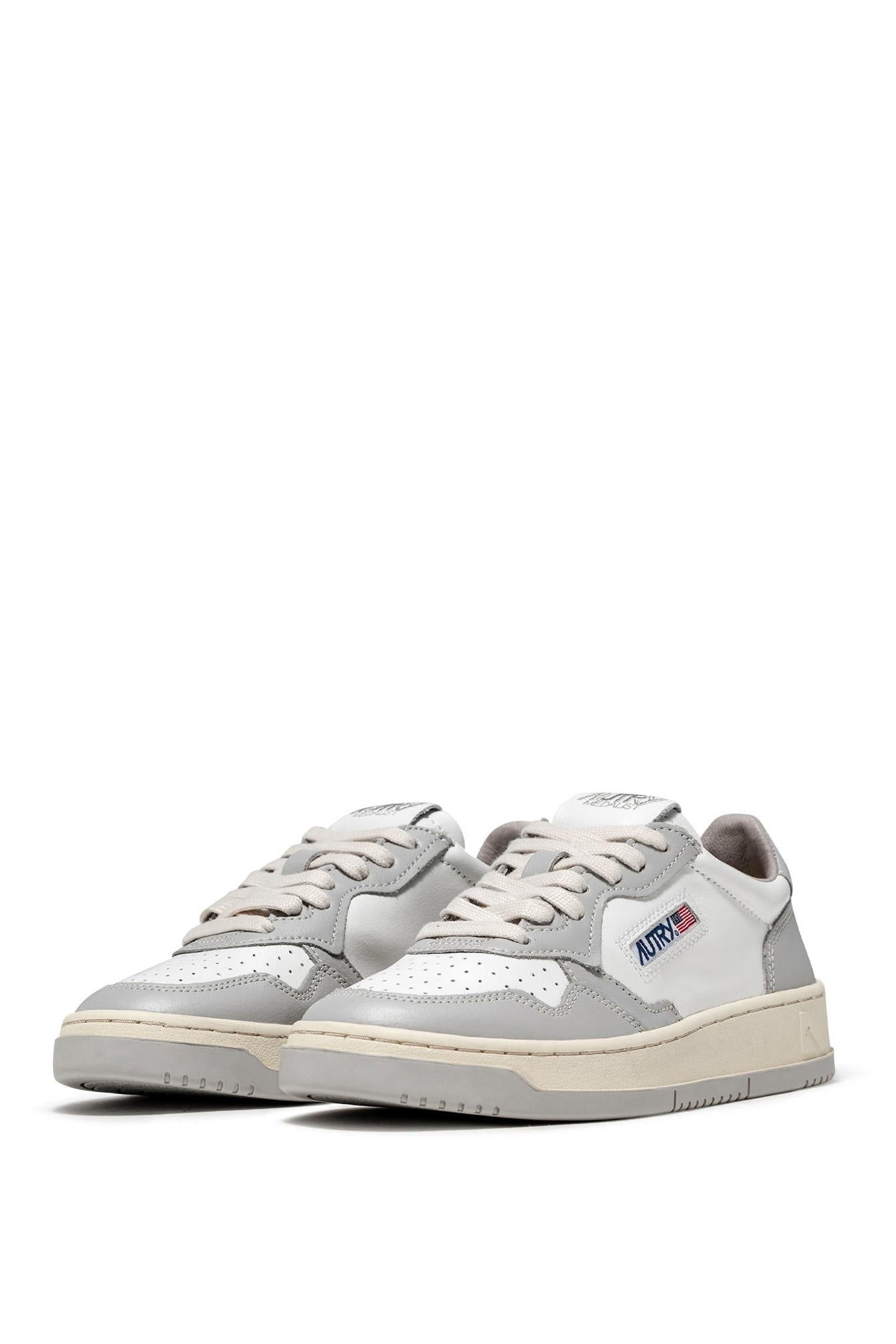 Sneaker medalist en cuir bimatière bianco-grigio